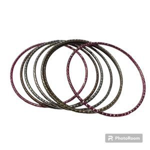 Set of 7 Girls Pink Silver Tone Multicolored Individual Bangle Bracelets